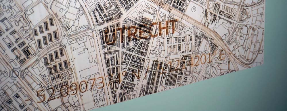 Een citymap van Utrecht gemaakt met de lasermachine door Brandthout.